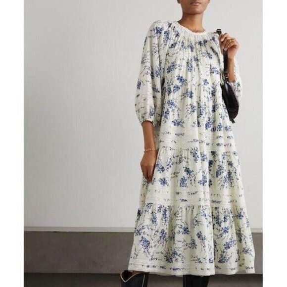 The Great The Hideaway Midi Dress Floral Printed Lace Tiered Cotton S NEW 273772